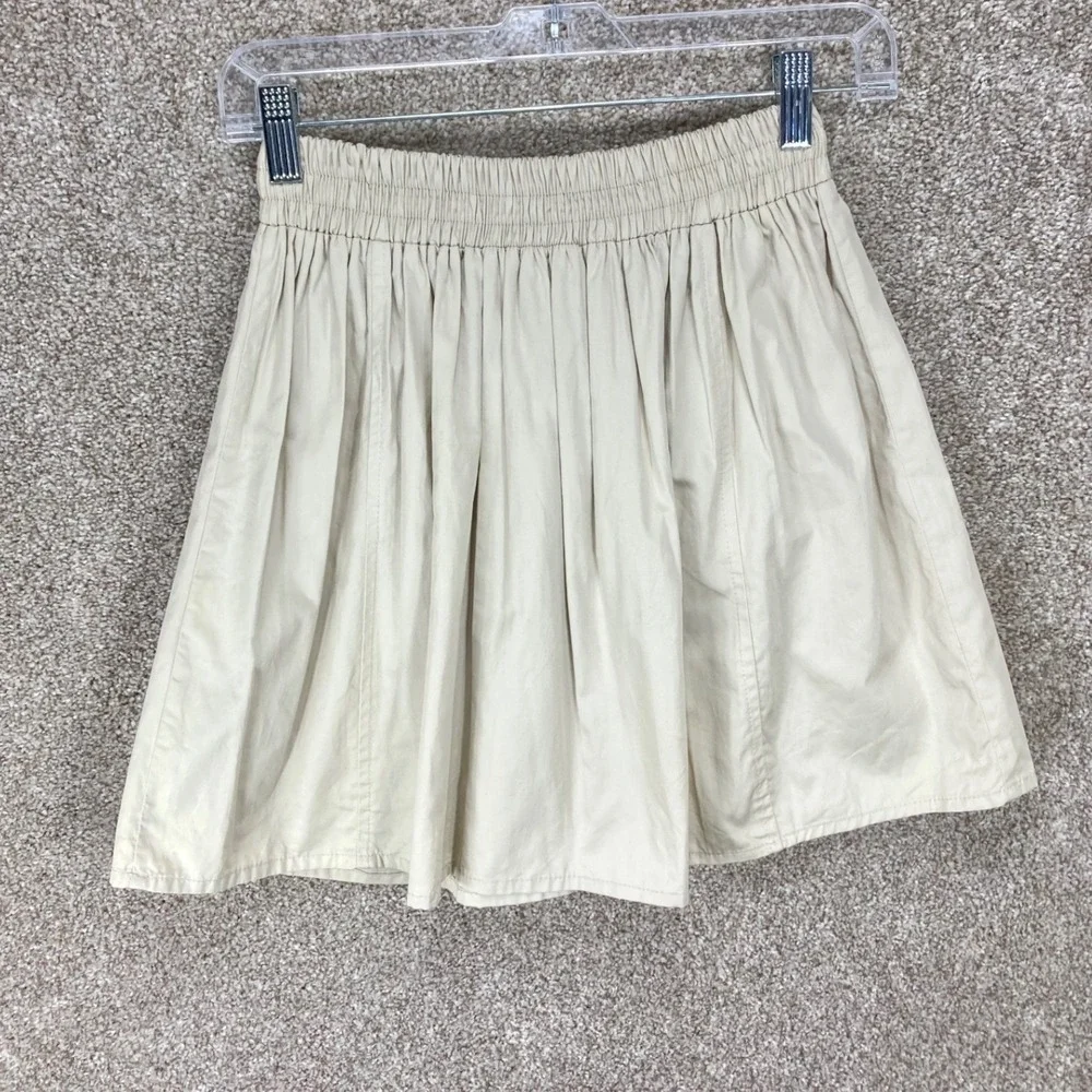 Zara Pleated Drawstring Mini Skirt Womens XS Beige Elastic Waist Cotton Coastal